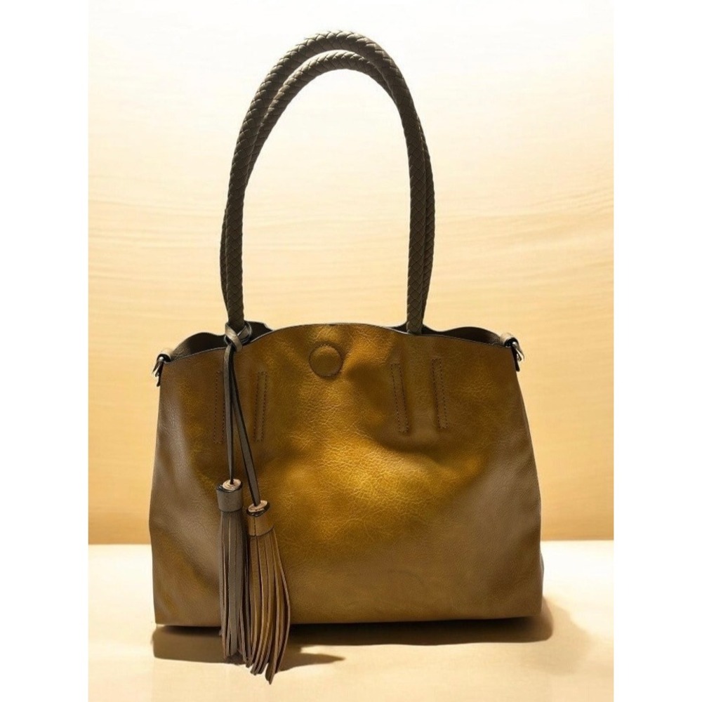 Flux Mustard Leather Tote Bag Braided Handles Tassel Shoulder Handbag Purse‎
